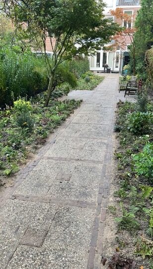 Rijnsburgerweg klassieke tuin_Huijbers Tuinen tuin in Leiden gerenoveerd door Huijbers Tuinen met hergebruikte bestrating